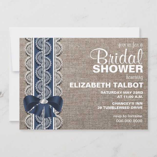 Rustic Burlap, Lace & Bow Bridal Shower Invitation (Front)