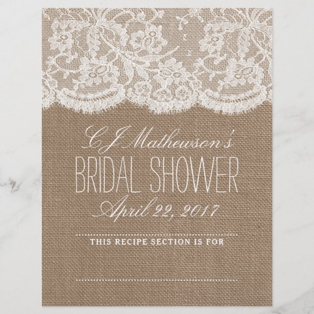 Rustic Burlap & Lace Bridal Shower Recipe Dividers (Front)