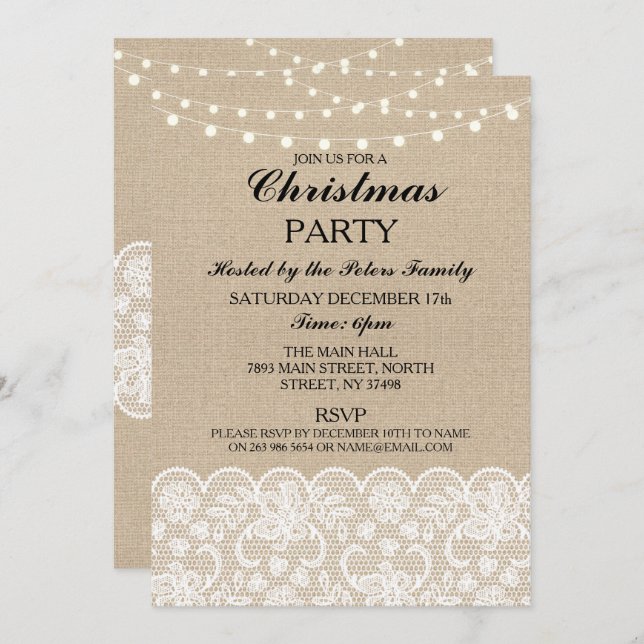 Rustic Burlap Lace Christmas Dinner Day Party Invitation (Front/Back)