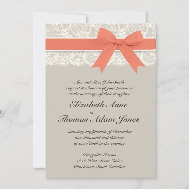 Rustic Burlap Lace Coral Grey Wedding Invitation (Front)