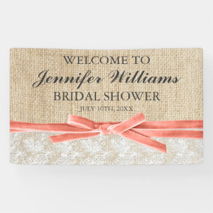 Rustic Burlap Lace Coral Ribbon Bridal Shower Banner