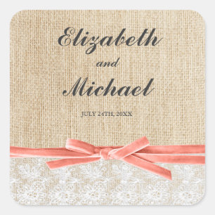 Rustic Burlap Lace Coral Ribbon Favour Label