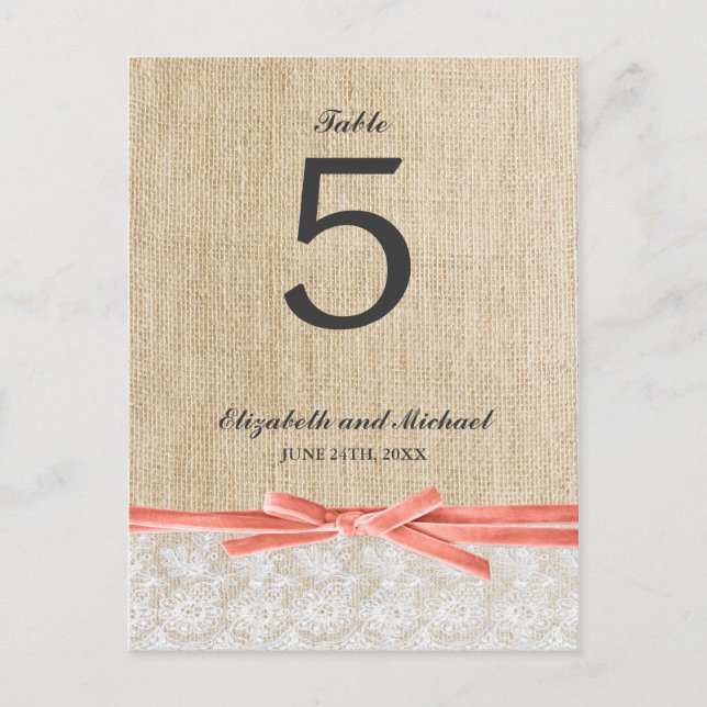 Rustic Burlap Lace Coral Ribbon Table Number Postcard (Front)