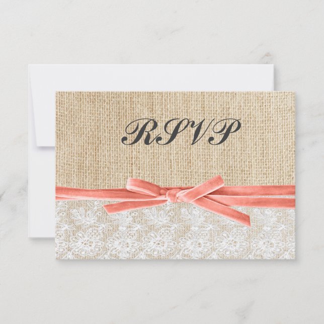 Rustic Burlap Lace Coral Ribbon Wedding RSVP Card (Front)