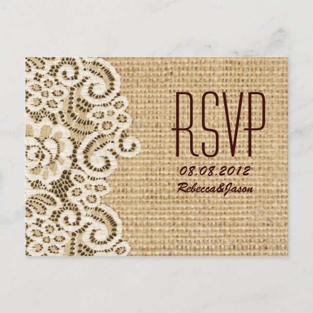 rustic  burlap lace country wedding RSVP Invitation Postcard (Front)