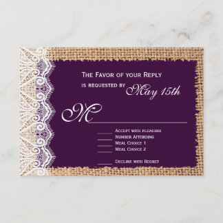 Rustic Burlap Lace Dark Purple Wedding RSVP Cards