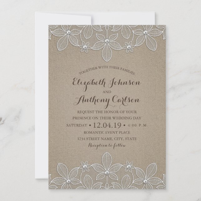 Rustic Burlap Lace Elegant Vintage Luxury Wedding Invitation (Front)