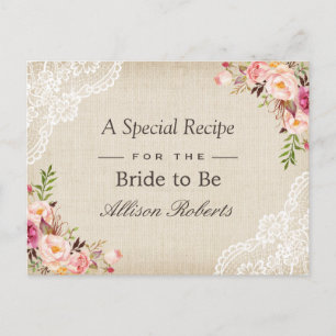 Rustic Burlap Lace Floral Bride To Be Recipe Card