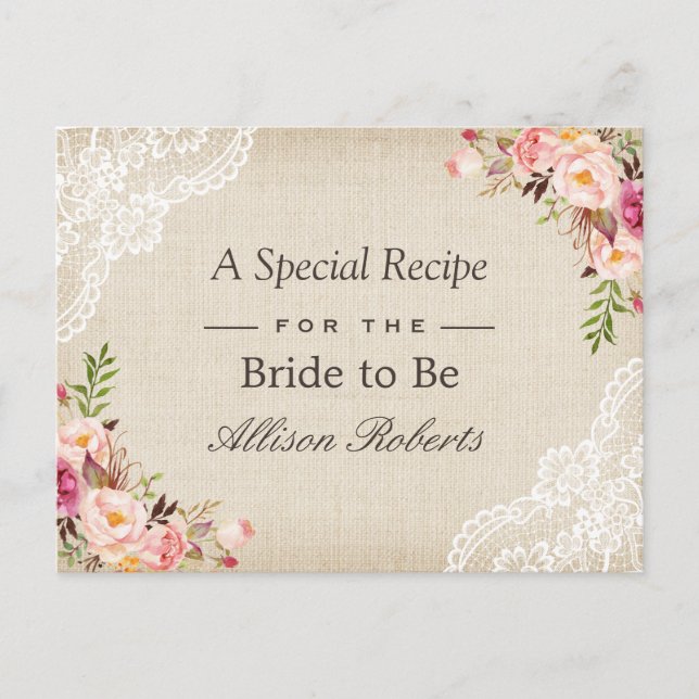 Rustic Burlap Lace Floral Bride To Be Recipe Card (Front)