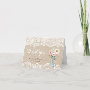 Rustic Burlap Lace Floral Mason Jar Thank You Card
