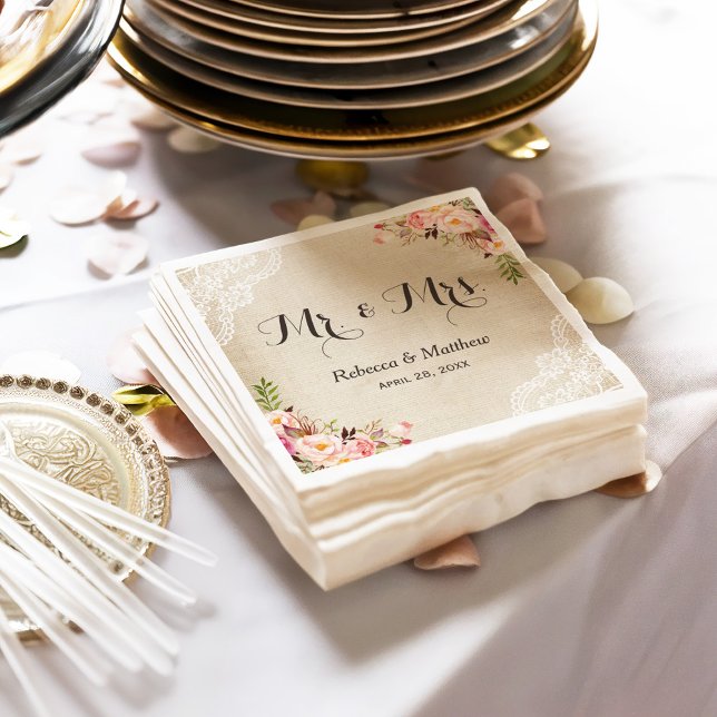 Rustic Burlap Lace Floral Mr and Mrs Wedding Napkin (Creator Uploaded)