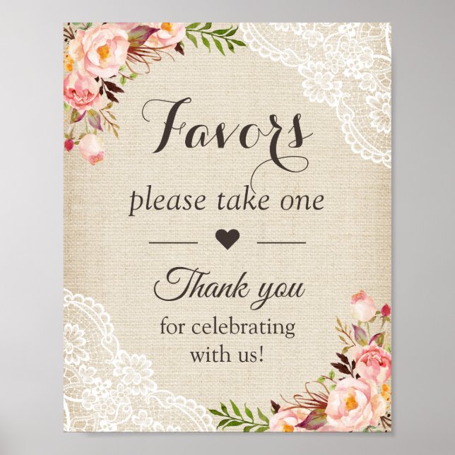 Rustic Burlap Lace Floral Wedding Favours Sign (Front)