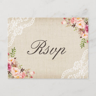 Rustic Burlap Lace Floral Wedding RSVP Invitation Postcard