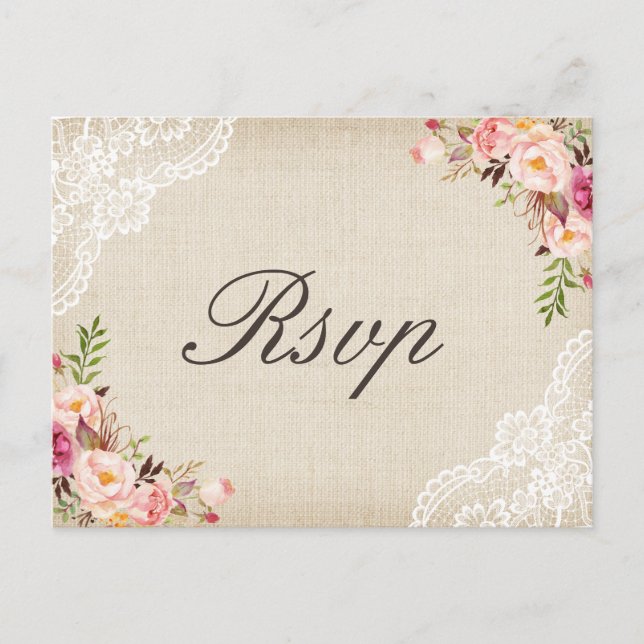 Rustic Burlap Lace Floral Wedding RSVP Invitation Postcard (Front)