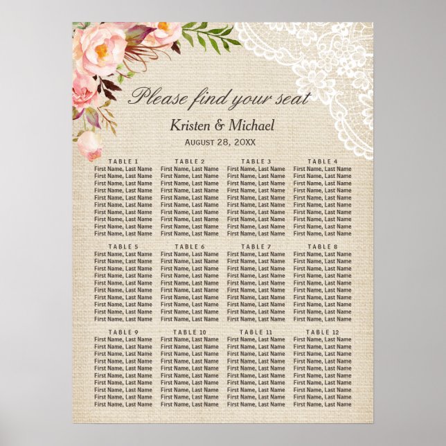 Rustic Burlap Lace Floral Wedding Seating Chart (Front)