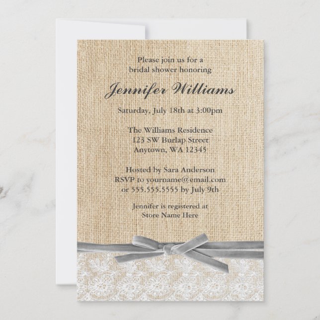 Rustic Burlap Lace Grey Ribbon Bridal Shower Invitation (Front)