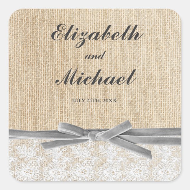 Rustic Burlap Lace Grey Ribbon Favour Label (Front)
