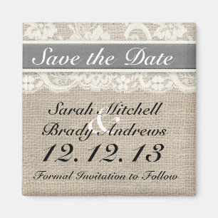 Rustic Burlap Lace Grey Save the Date Magnet