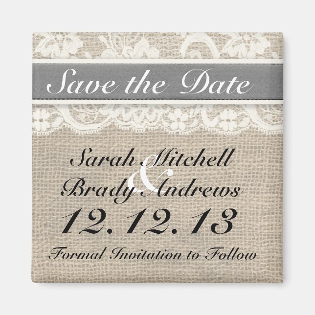 Rustic Burlap Lace Grey Save the Date Magnet (Front)