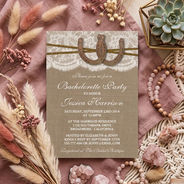 Rustic Burlap & Lace Horseshoe Bachelorette Party Invitation (Creator Uploaded)