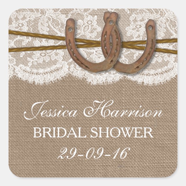 Rustic Burlap & Lace Horseshoe Bridal Shower Square Sticker (Front)