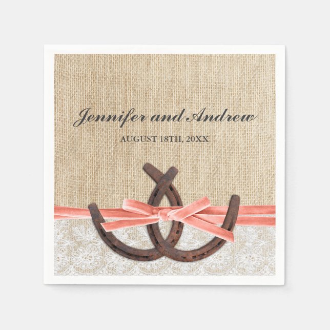 Rustic Burlap Lace Horseshoe Coral Ribbon Wedding Napkin (Front)