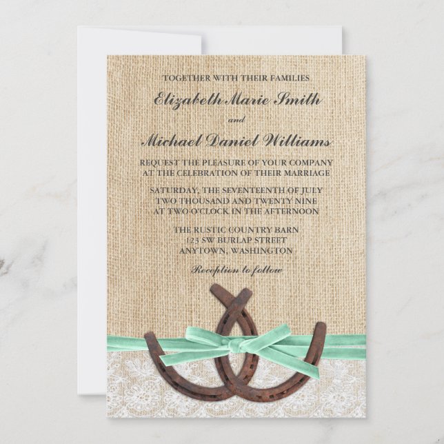Rustic Burlap Lace Horseshoe Mint Ribbon Wedding Invitation (Front)
