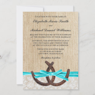 Rustic Burlap Lace Horseshoe Teal Ribbon Wedding Invitation
