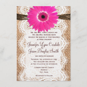 Rustic Burlap Lace Hot Pink Daisy Wedding Invites