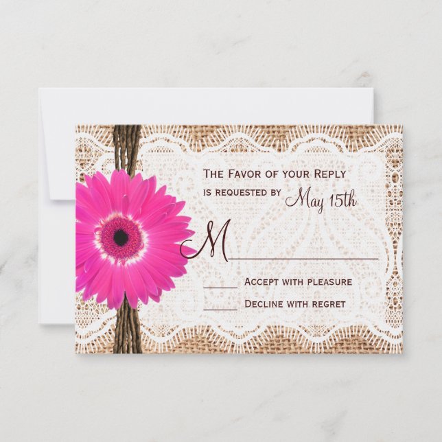 Rustic Burlap Lace Hot Pink Daisy Wedding RSVP Card (Front)