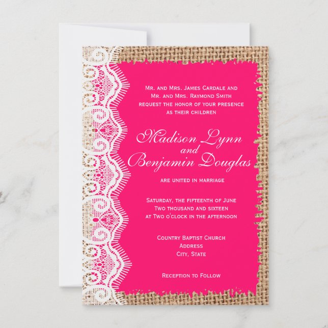 Rustic Burlap Lace Hot Pink Wedding Invitations (Front)