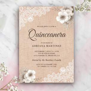 Rustic Burlap Lace Ivory Floral Quinceanera Invitation