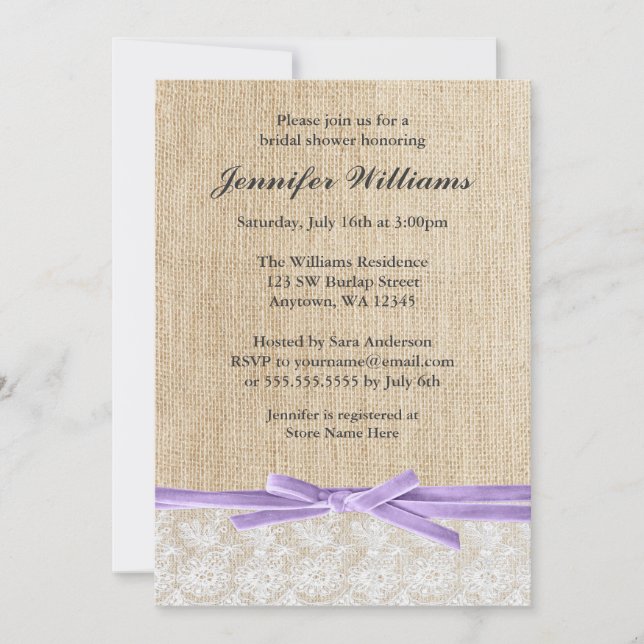 Rustic Burlap Lace Lavender Ribbon Bridal Shower Invitation (Front)