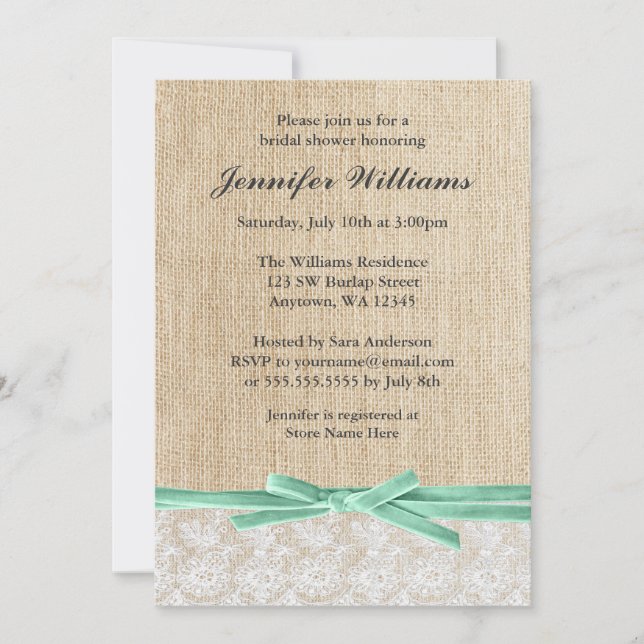 Rustic Burlap Lace Mint Ribbon Bridal Shower Invitation (Front)