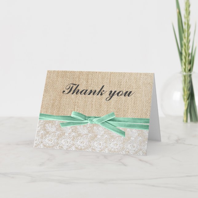 Rustic Burlap Lace Mint Ribbon Thank You Card (Front)