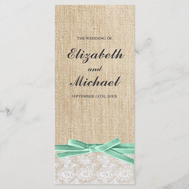 Rustic Burlap Lace Mint Ribbon Wedding Program Programme (Front)