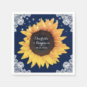 Rustic Burlap Lace Navy Blue and Sunflower Wedding Napkin