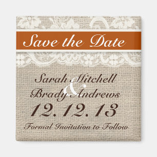 Rustic Burlap Lace Orange Save the Date Magnet