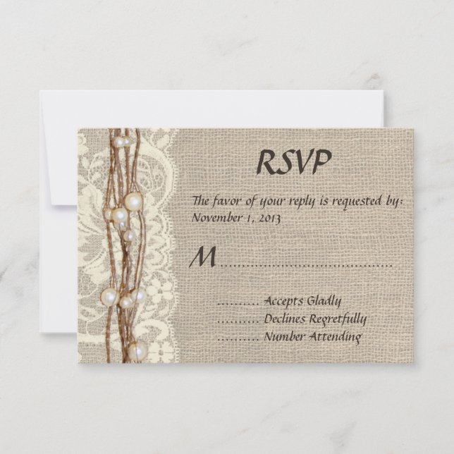 Rustic Burlap Lace Pearls Wedding Invitation (Front)