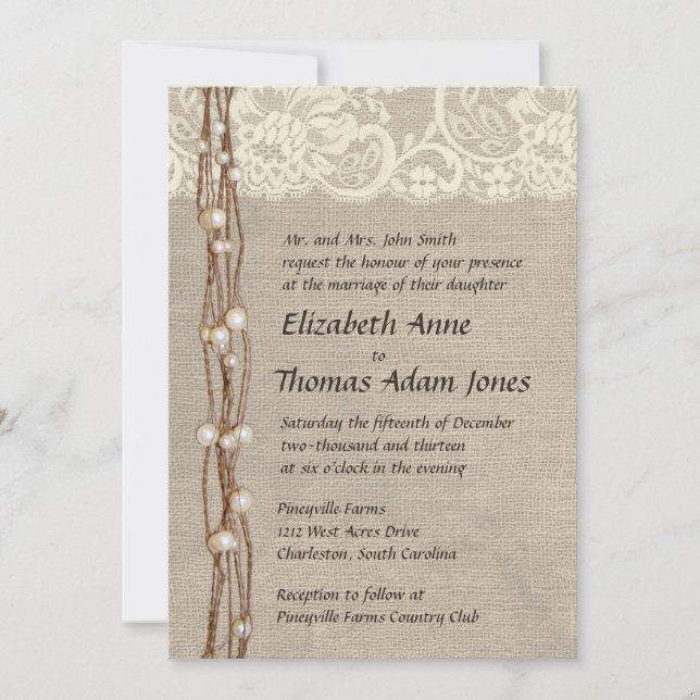 Rustic Burlap Lace Pearls Wedding Invitation (Front)