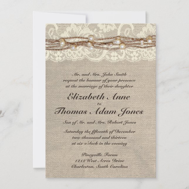 Rustic Burlap Lace Pearls Wedding Invitation (Front)