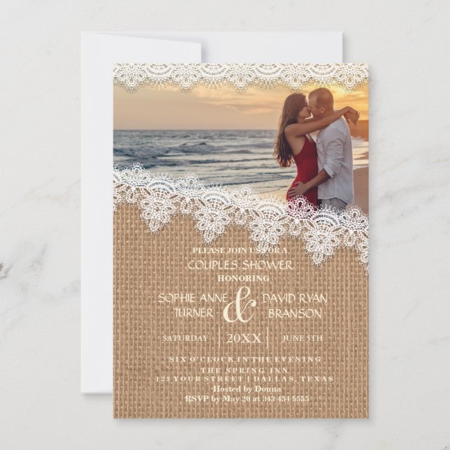 Rustic Burlap Lace Photo Couples Shower Invite (Front)