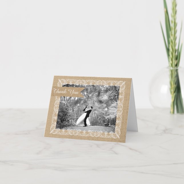 Rustic Burlap Lace Photo Wedding Thank You Card (Front)