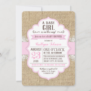 Rustic Burlap Lace Pink Baby Shower Invitation