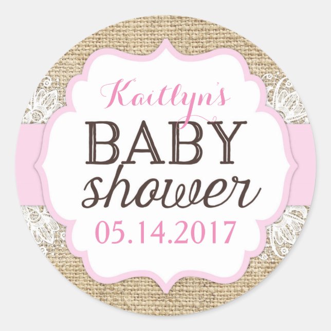 Rustic Burlap Lace Pink Girl Baby Shower Classic Round Sticker (Front)