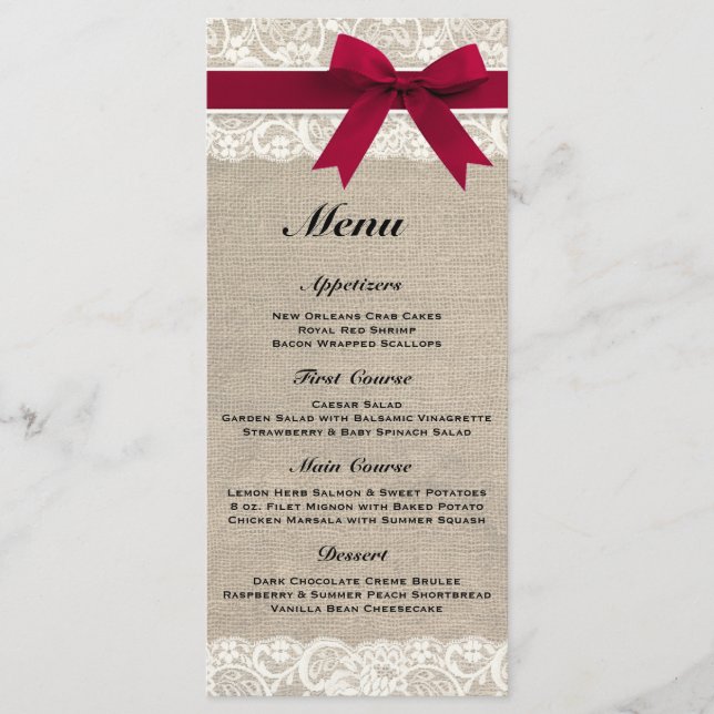 Rustic Burlap & Lace Red Wedding Menu (Front)