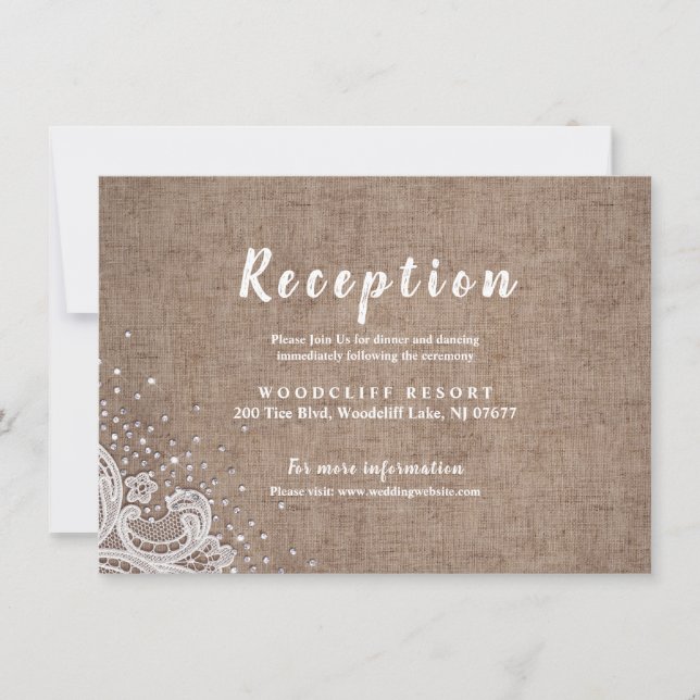 Rustic burlap lace silver glitter reception card (Front)