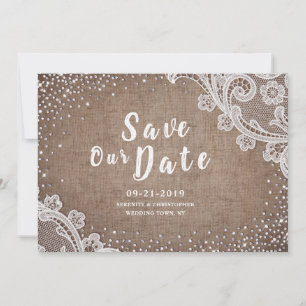Rustic burlap lace silver glitter save the date