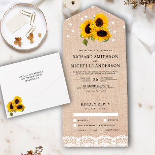 Rustic Burlap Lace String Lights Sunflower Wedding All In One Invitation