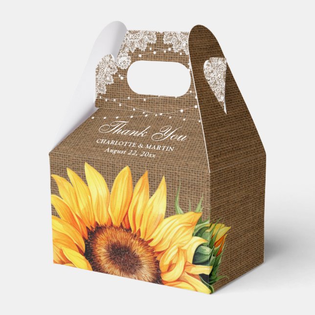 Rustic Burlap Lace String Lights Sunflower Wedding Favour Box (Front Side)
